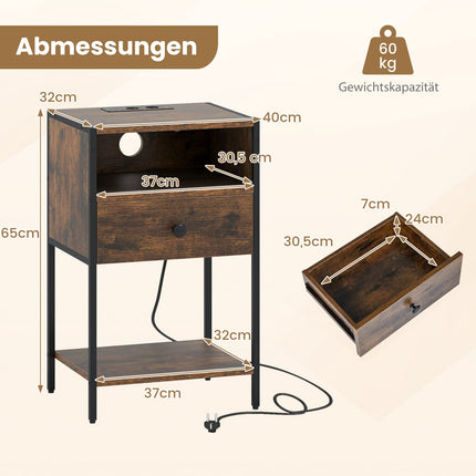 Nightstand with Charging Station, Drawer & Shelf, Rustic Brown