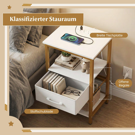 Nightstand with Charging Station, Fabric Drawer, Open Shelves