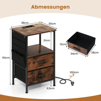 Nightstand with Charging Station, LED Lights, Storage Drawers