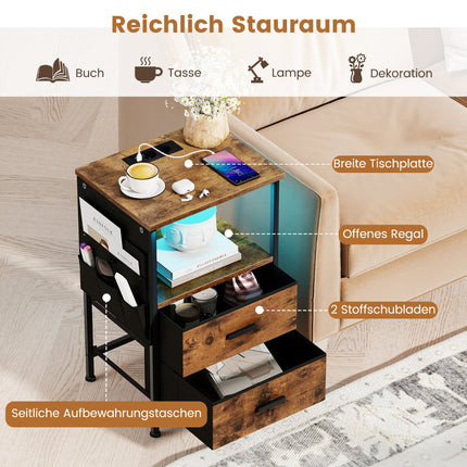 Nightstand with Charging Station, LED Lights, Storage Drawers