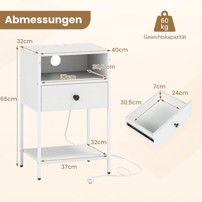 Nightstand with Charging Station – White, Compact, Industrial Style