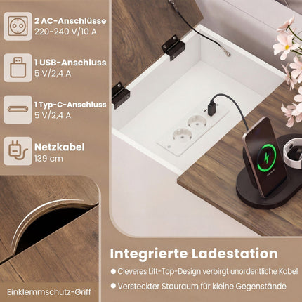 Nightstand with Charging Station and Foldable Top, White