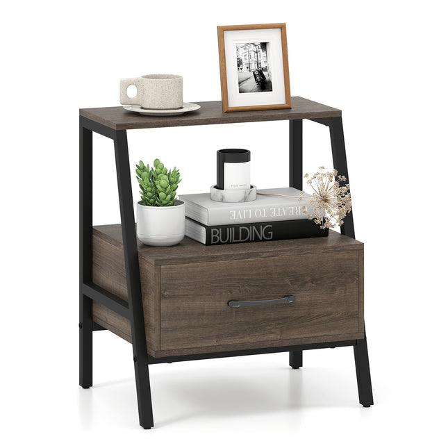 Nachtkastje met lade en plank, metalen frame, 45x35x52,5 cm