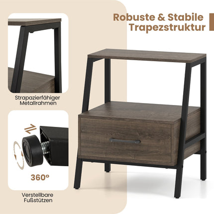 Nightstand with Drawer and Shelf, Metal Frame, 45x35x52.5 cm
