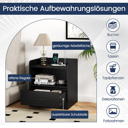 Nightstand with LED Lighting, Open Shelf & Drawer