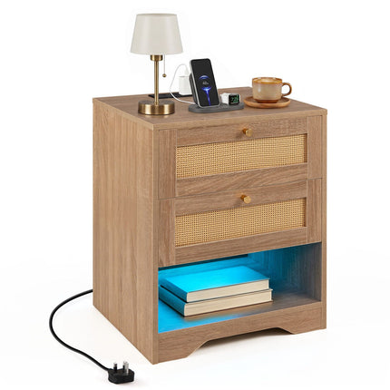 Nightstand with LED Lights & Charging Station, 2 Drawers