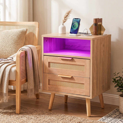 Nightstand with LED Lights & Charging Station, Rattan Drawers