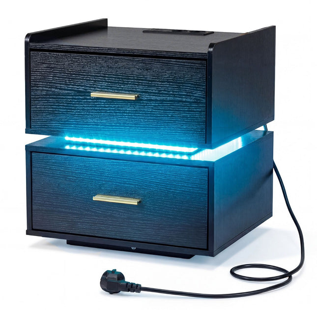 Nightstand with LED Lights and Charging Station, 2 Drawers