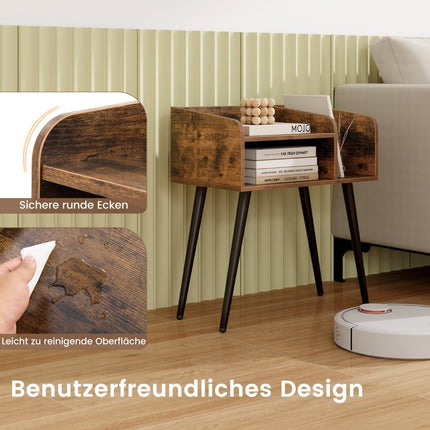 Nightstand with Open Shelf, Metal Legs, Set of 2, Rustic Brown