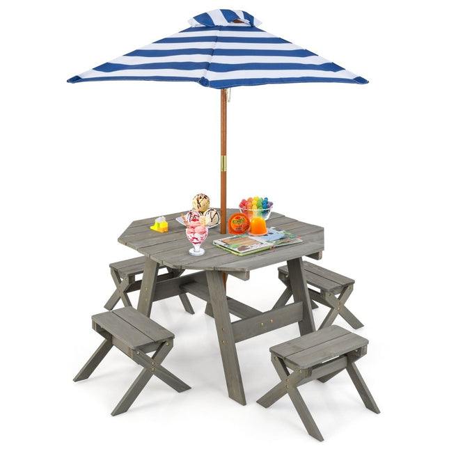 Octagonal Wooden Placemat with 4 Chairs &amp; Height-adjustable parasol picnic table grey