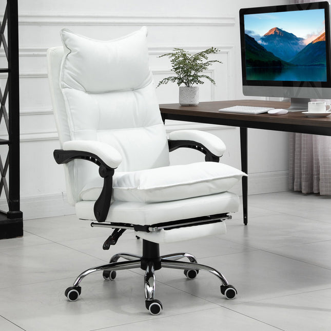 White artificial leather office chair with footrest, adjustable height