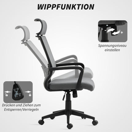 Office Chair with Adjustable Height, Wheels, Armrests, Grey