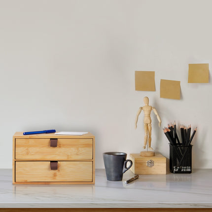 Office Desk Organiser, Bamboo, 2 Drawers