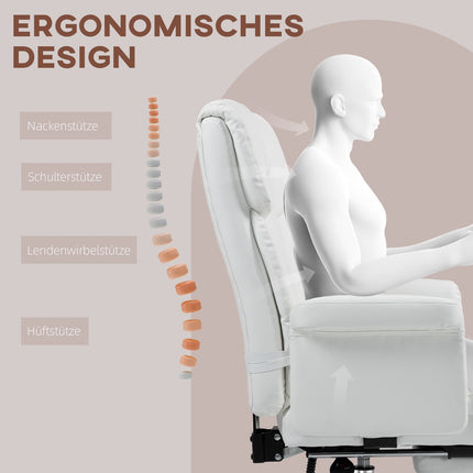 Ergonomic white office chair, reclining & swivel, lumbar support
