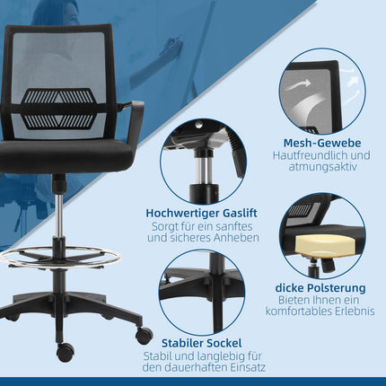 Office chair, height-adjustable desk chair with footrest, mesh backrest, rollable, plastic, black