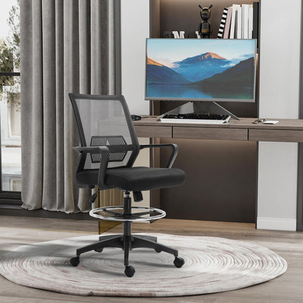 Office chair, height-adjustable desk chair with footrest, mesh backrest, rollable, plastic, black