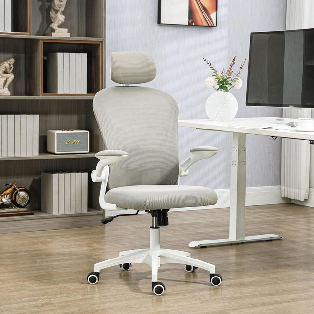 Ergonomic office chair, adjustable headrest, gray