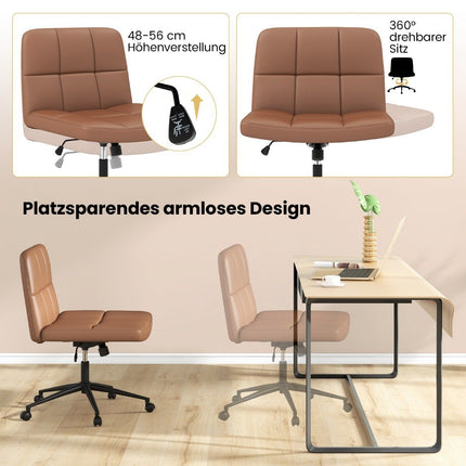 Office chair without armrests Desk chair with wide seat 360° rotating faux leather for home office Brown