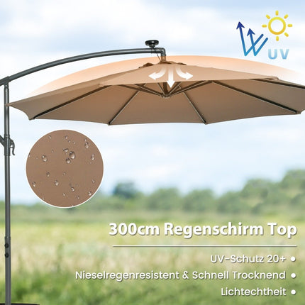 Offset Patio Umbrella, 3m, Solar LED, UV Protection, Brown