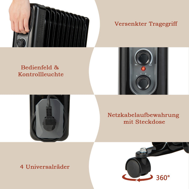 Oil-Filled Radiator Heater 2500W, 3 Heat Settings, Black