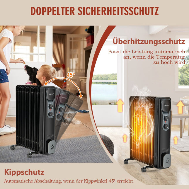 Oil-Filled Radiator Heater 2500W, 3 Heat Settings, Black