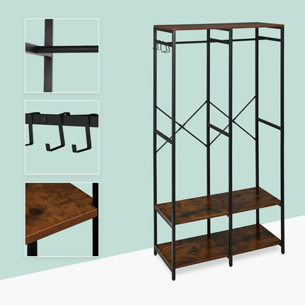 Open Wardrobe with Rails & Shelves – Iron Frame, Wood Panels