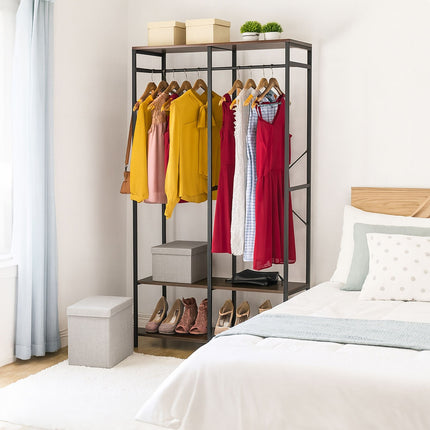 Open Wardrobe with Rails & Shelves – Iron Frame, Wood Panels