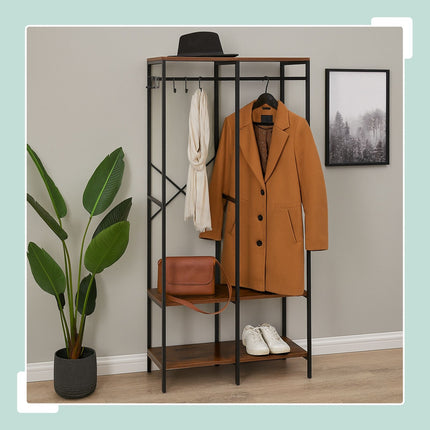 Open Wardrobe with Rails & Shelves – Iron Frame, Wood Panels