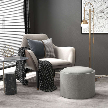 Round ottoman stool with storage, gray linen - Ø56 x 42 cm