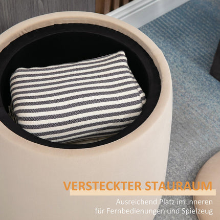 Beige velvet storage ottoman, round stool with removable lid