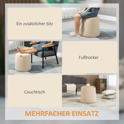 Beige velvet storage ottoman, round stool with removable lid