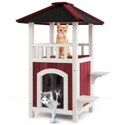 Outdoor 2-Story Wooden Cat House, Asphalt Roof, Balcony