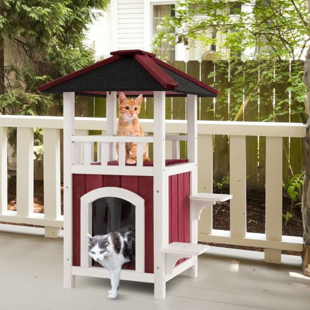 Outdoor 2-Story Wooden Cat House, Asphalt Roof, Balcony