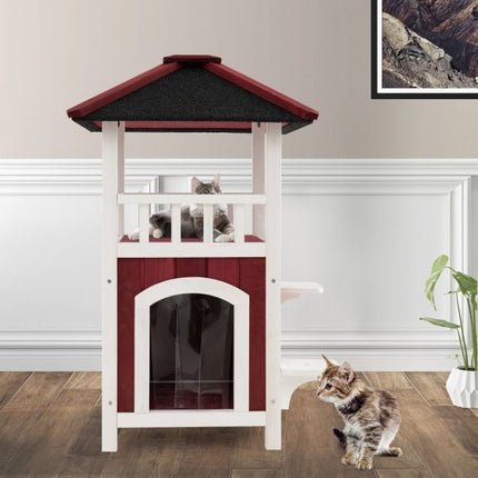 Outdoor 2-Story Wooden Cat House, Asphalt Roof, Balcony