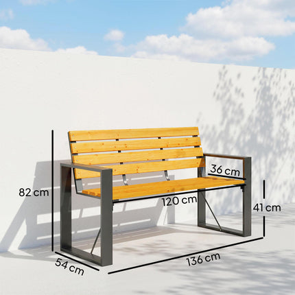 Outdoor Bench, Metal Frame & Wood Slats, 2-Seater
