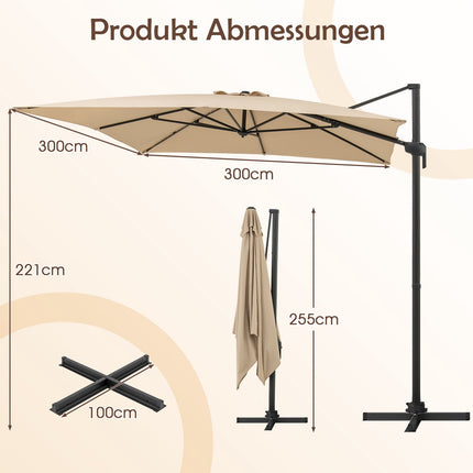 Outdoor Cantilever Umbrella 300x300 cm, Beige, 360 Rotation