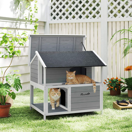 Outdoor Cat House, Waterproof Fir Wood, 2 Levels, 80x93x95 cm