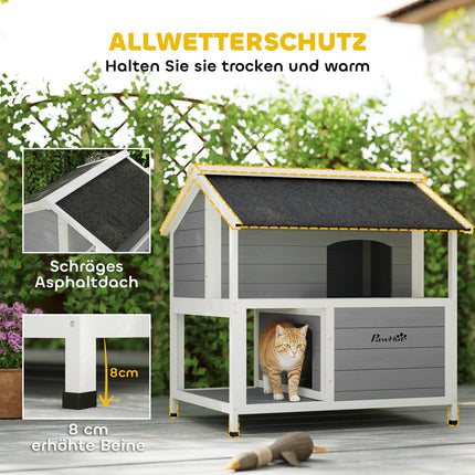 Outdoor Cat House, Waterproof Fir Wood, 2 Levels, 80x93x95 cm