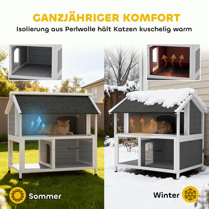 Outdoor Cat House, Waterproof Fir Wood, 2 Levels, 80x93x95 cm