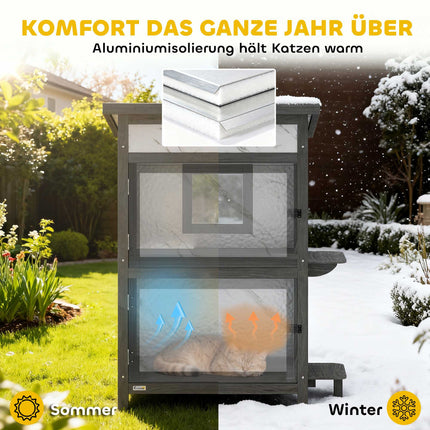 Outdoor Cat House, Waterproof Wood Shelter, Multiple Entrances