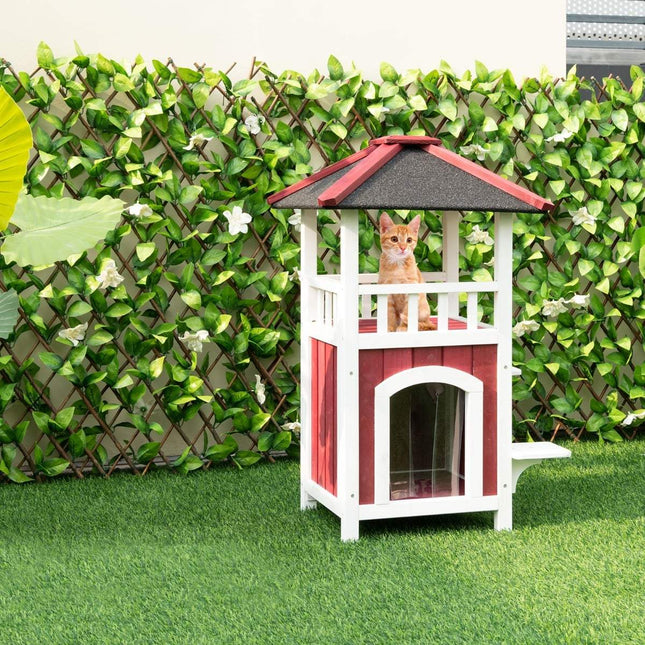Outdoor Cat House with Balcony, Asphalt Roof, PVC Curtain