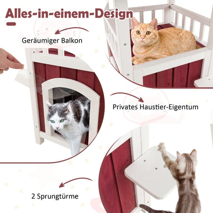 Outdoor Cat House with Balcony, Asphalt Roof, PVC Curtain