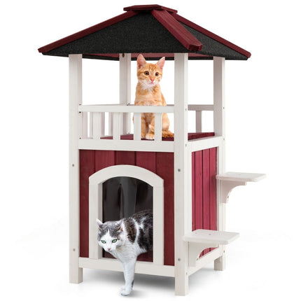 Outdoor Cat House with Balcony, Asphalt Roof, PVC Curtain
