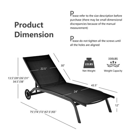 Outdoor Chaise Lounge Chair – 6-Position, Wheels, Black