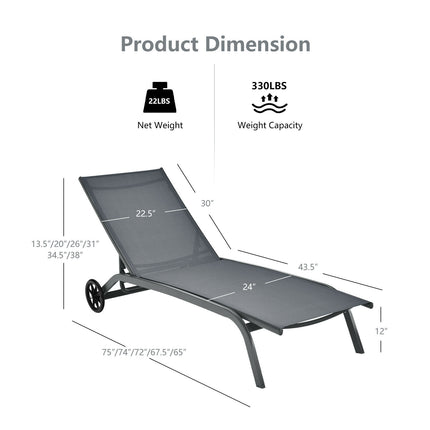 Outdoor Chaise Lounge Chair, 6-Position, Wheels