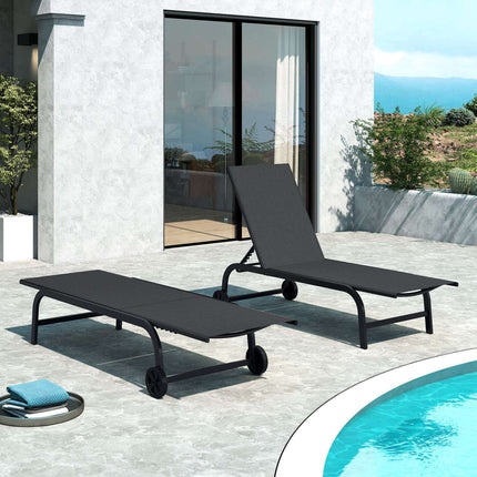 Outdoor Chaise Lounge Chair with Wheels, 6-Position Recline