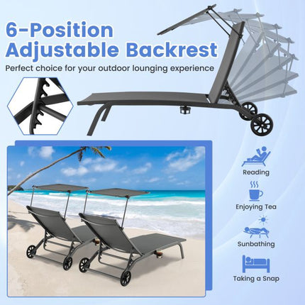Outdoor Chaise Lounge With Canopy, Wheels, Metal Frame