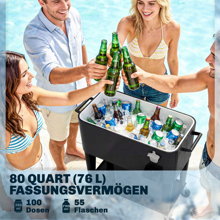 Outdoor Cooler Cart, 76L Capacity, Black, with Wheels