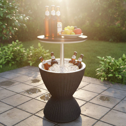 Outdoor Cooler Side Table, 30L Rattan, Adjustable Top