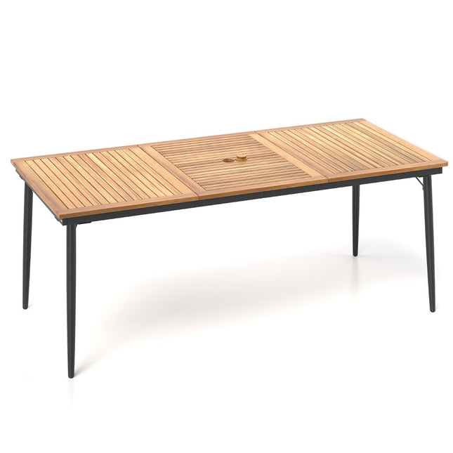 Outdoor Dining Table with Umbrella Hole, Acacia Wood, Seats 8
